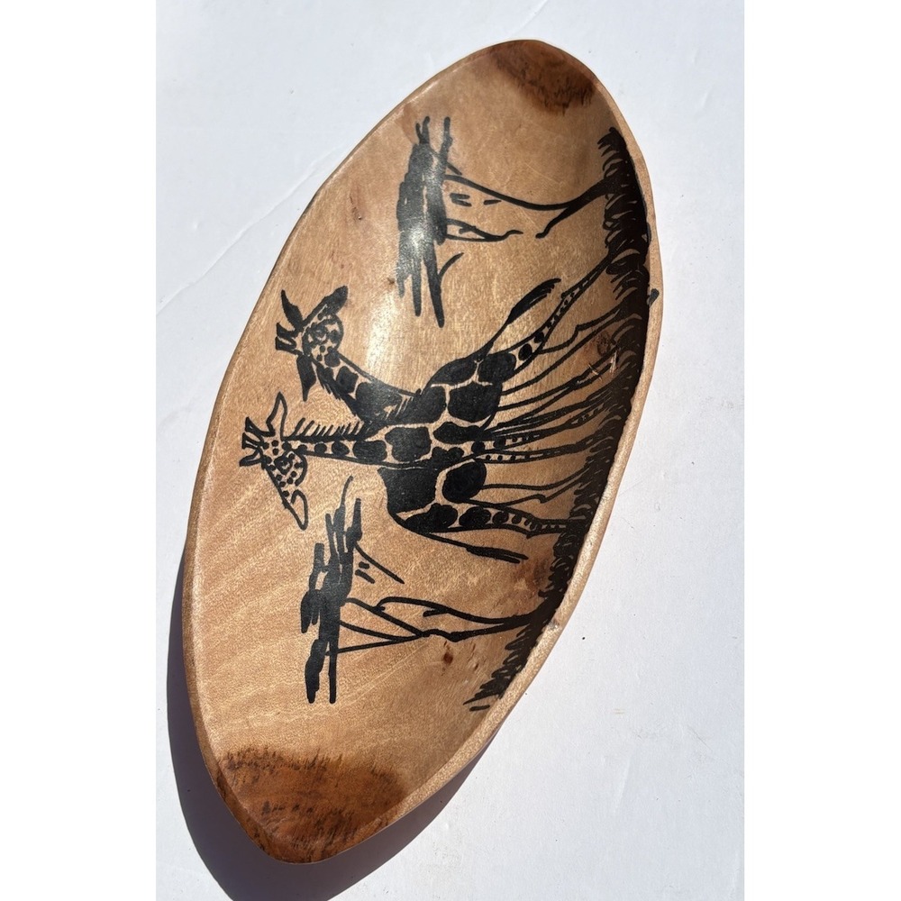 Myrtle Wood Hand Carved Bowl With Giraffes Trinket Dish Hand Painted Safari